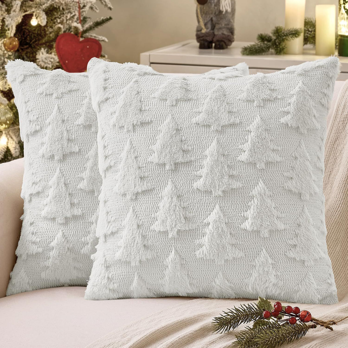 Christmas Tree Pillow Covers 18x18 inch Set of 2pcs Christmas Decoration Beige Soft Plush Faux Fur Jacquard Throw Pillows for Bedroom Sofa Holiday Festivals Winter Home Decor (white)