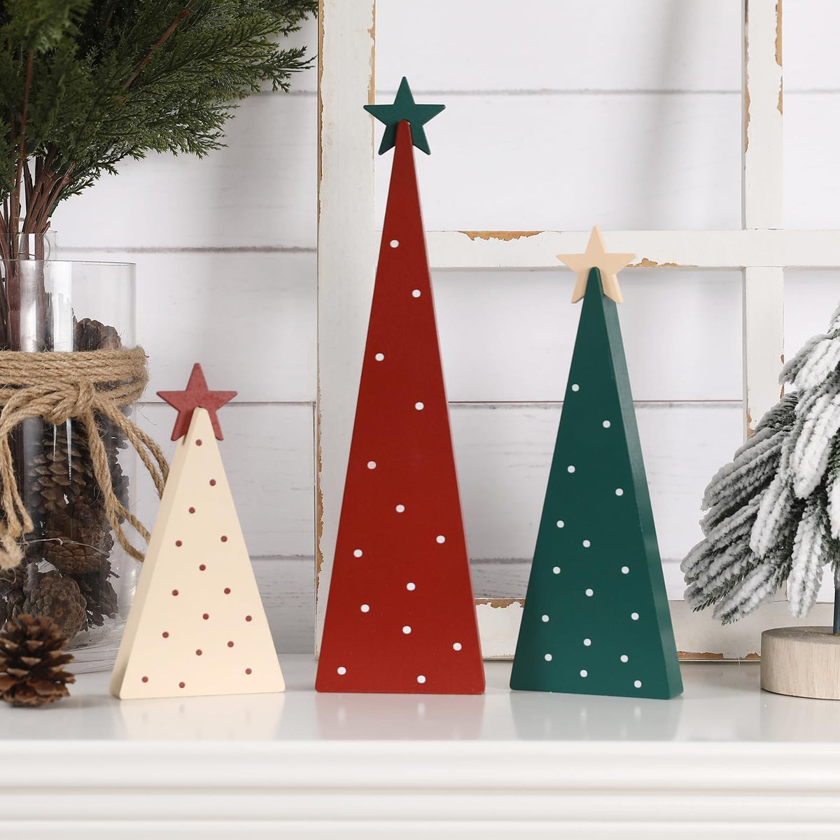 Christmas Decorations-Three Sizes Wooden Tree Sign with Star-Christmas Decorations for Home Shelf Mantel Fireplace Table Party Decor(8*2.4inch,4*2.4inch,6*2.4inch)