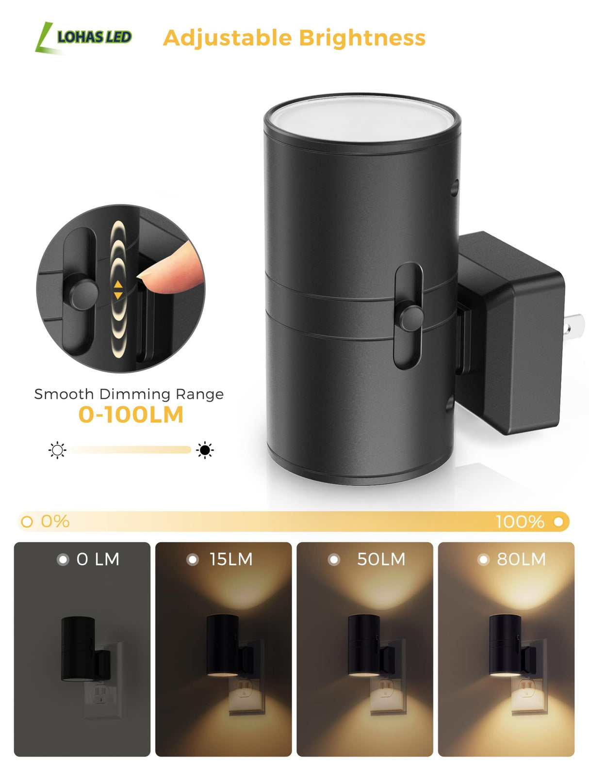 Night Lights Plug into Wall, Dimmable Night Light Plug in, Modern Night Lights with Dusk to Dawn Light Sensor, Soft White 3000K, Adjustable Brightness Nightlight for Hallway Bedroom, 2 Pack,4.8*8.8cm