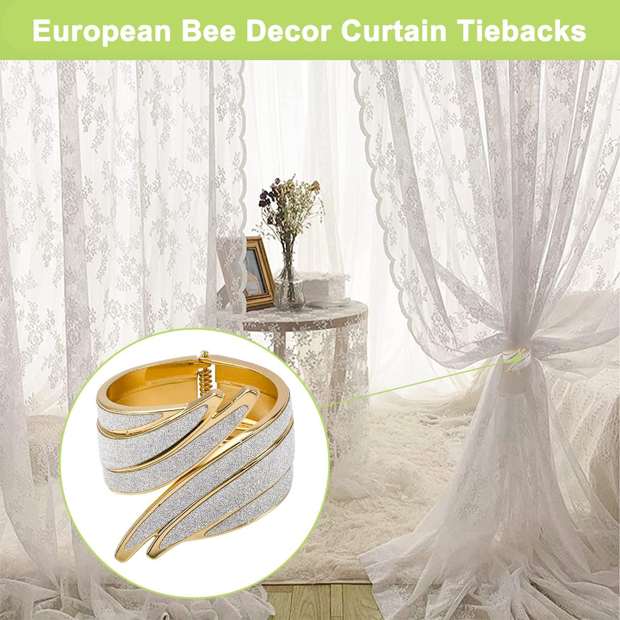 2-piece set of decorative sparkling wing curtains, lace up curtains, brushed spring clips, home office shoulder straps, gold metal