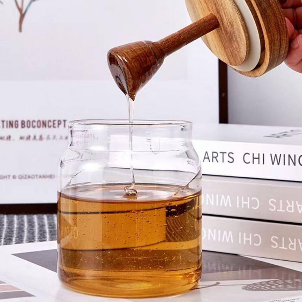Honey jar glass rack dispenser set for home kitchen, with wooden stick and lid, transparent modern honey syrup glass container, used for storing gifts,