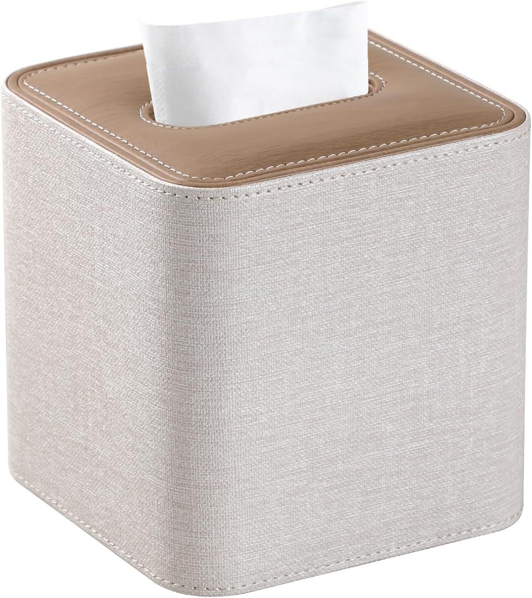 Square Linen Tissue Box Cover with Magnetic Closure, Modern PU Leather Tissue Box Holder for Bathroom Vanity Countertop Night Stands Bedroom Office Desk, Stylish Cube Tissue Holder (Hemp oak)