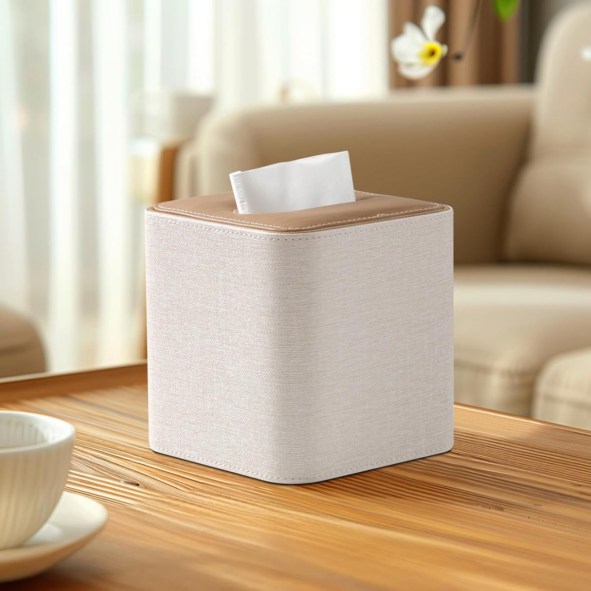 Square Linen Tissue Box Cover with Magnetic Closure, Modern PU Leather Tissue Box Holder for Bathroom Vanity Countertop Night Stands Bedroom Office Desk, Stylish Cube Tissue Holder (Hemp oak)