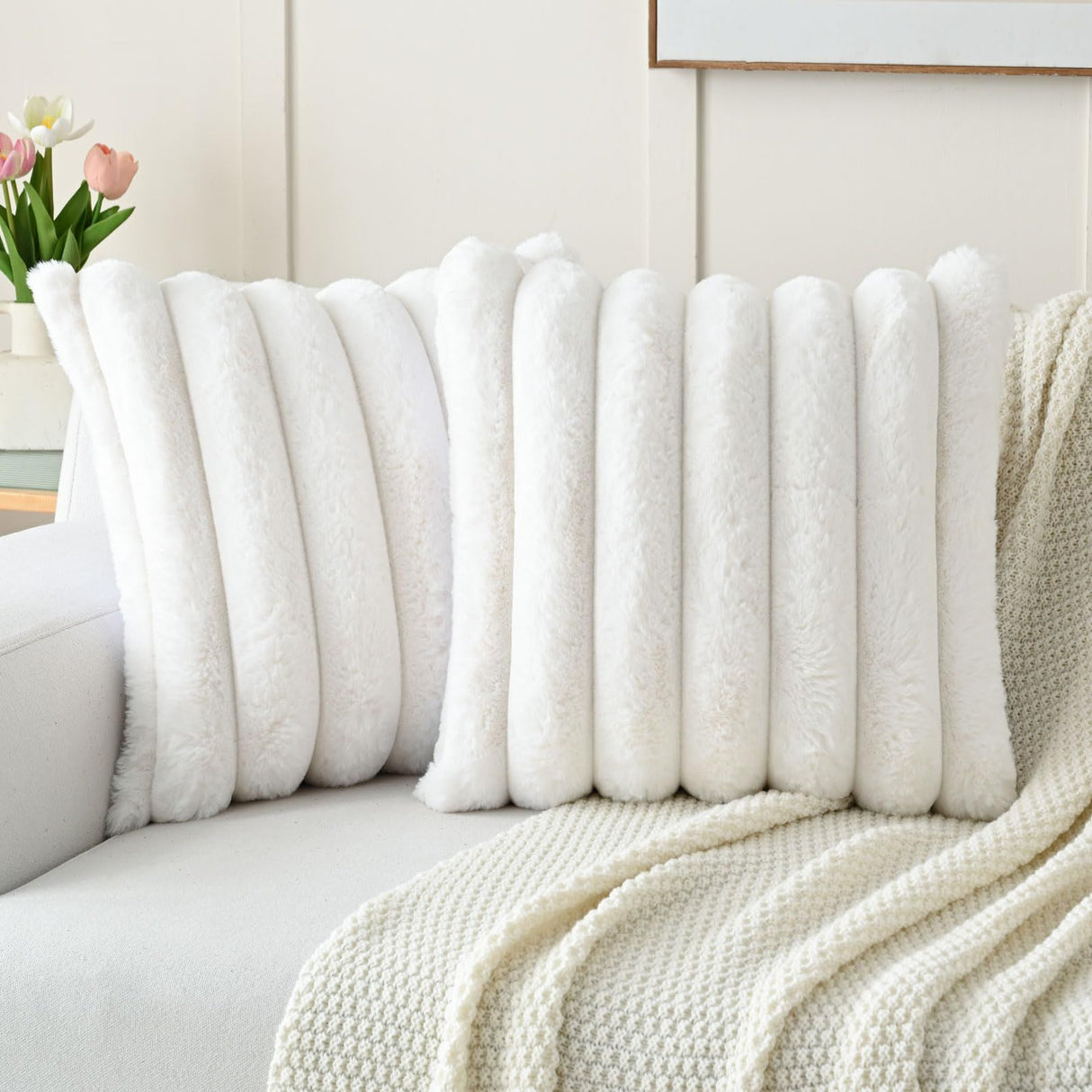Cream White Decorative Throw Pillow Covers 18x18 Inch Set of 2, Square Soft Faux Rabbit Fur Thick Striped Cushion Cover,Winter Home Decor for Couch Bed Living Room(45 * 45cm without core)
