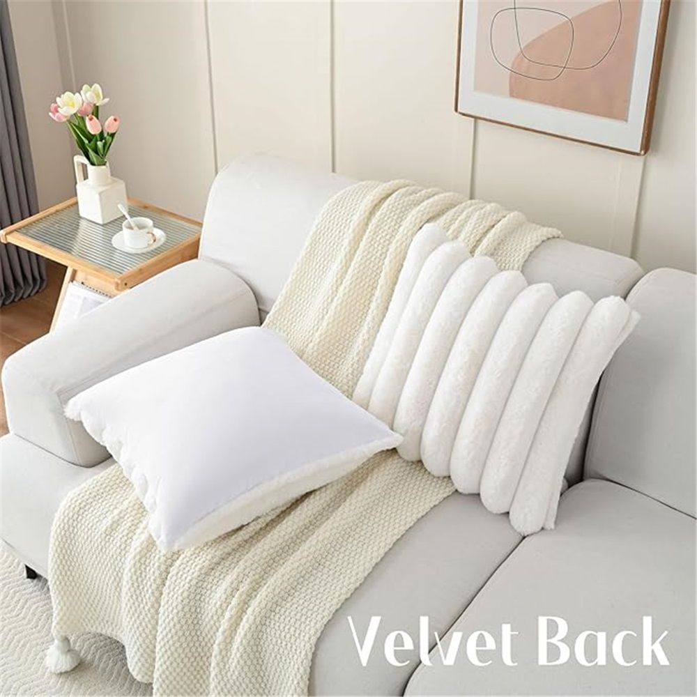 Cream White Decorative Throw Pillow Covers 18x18 Inch Set of 2, Square Soft Faux Rabbit Fur Thick Striped Cushion Cover,Winter Home Decor for Couch Bed Living Room(45 * 45cm without core)