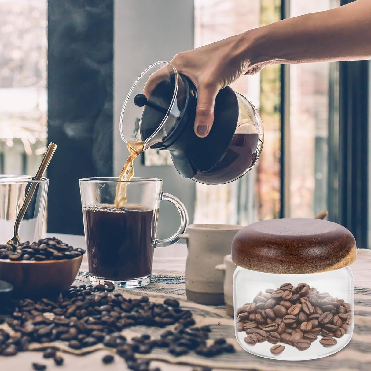 Glass Food Storage Container with Wooden Lids Small Coffee Jar Sugar Canister Airtight Food Storage Container Coffee Container for Nut Spice Candy Loose Tea(9.5*8cm)