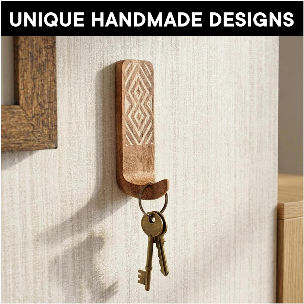 Shelf Boho Decorative Wood Adhesive Wall Hooks for Hanging Coats, Keys, Leash, Hat, Towel Holder, Cute Sticky Key Holder, (3 Hooks )