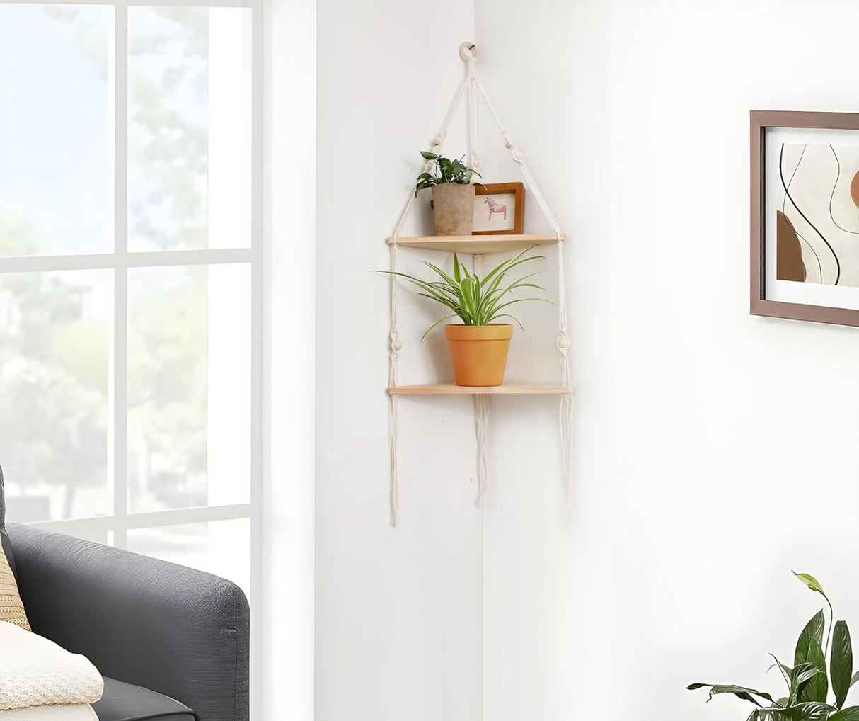 Double layer Bohemian cotton rope hand woven shelf, triangular wooden crafts, home decoration, flower pot storage(white 90*32.5cm)