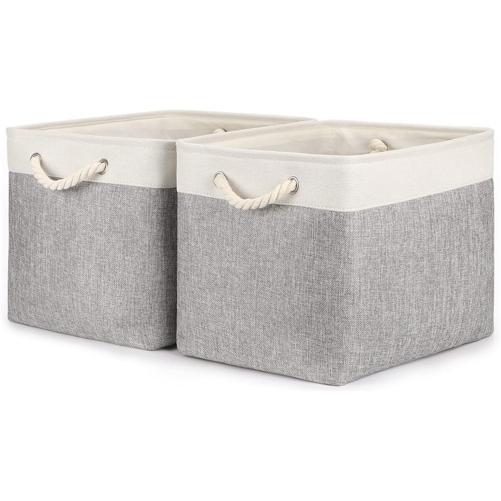 2pcs Cube Storage Bins 28*28*28cm Grey-Black Cube Storage Boxes Collapsible Large Cloth Organizer Baskets with Cotton Rops Handles for Storage Cubbies or Closet Shelf White + gray