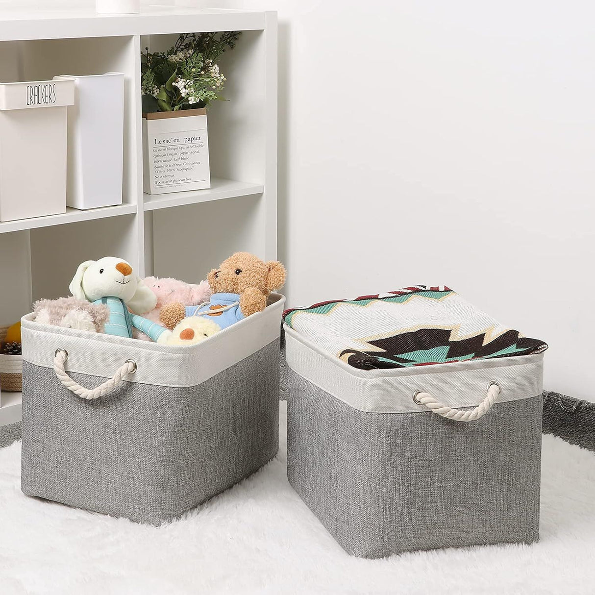 2pcs Cube Storage Bins 28*28*28cm Grey-Black Cube Storage Boxes Collapsible Large Cloth Organizer Baskets with Cotton Rops Handles for Storage Cubbies or Closet Shelf White + gray