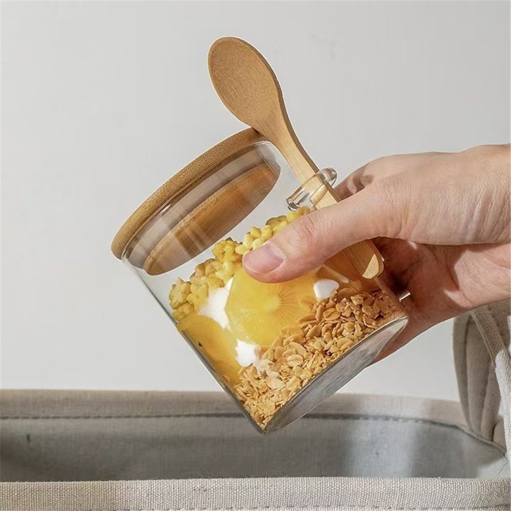 15 oz/450 ml Glass Storage Canister with with Airtight Lid, Cute Clear Decorative Container Jar with Wooden Spoon for Coffee Spice Candy