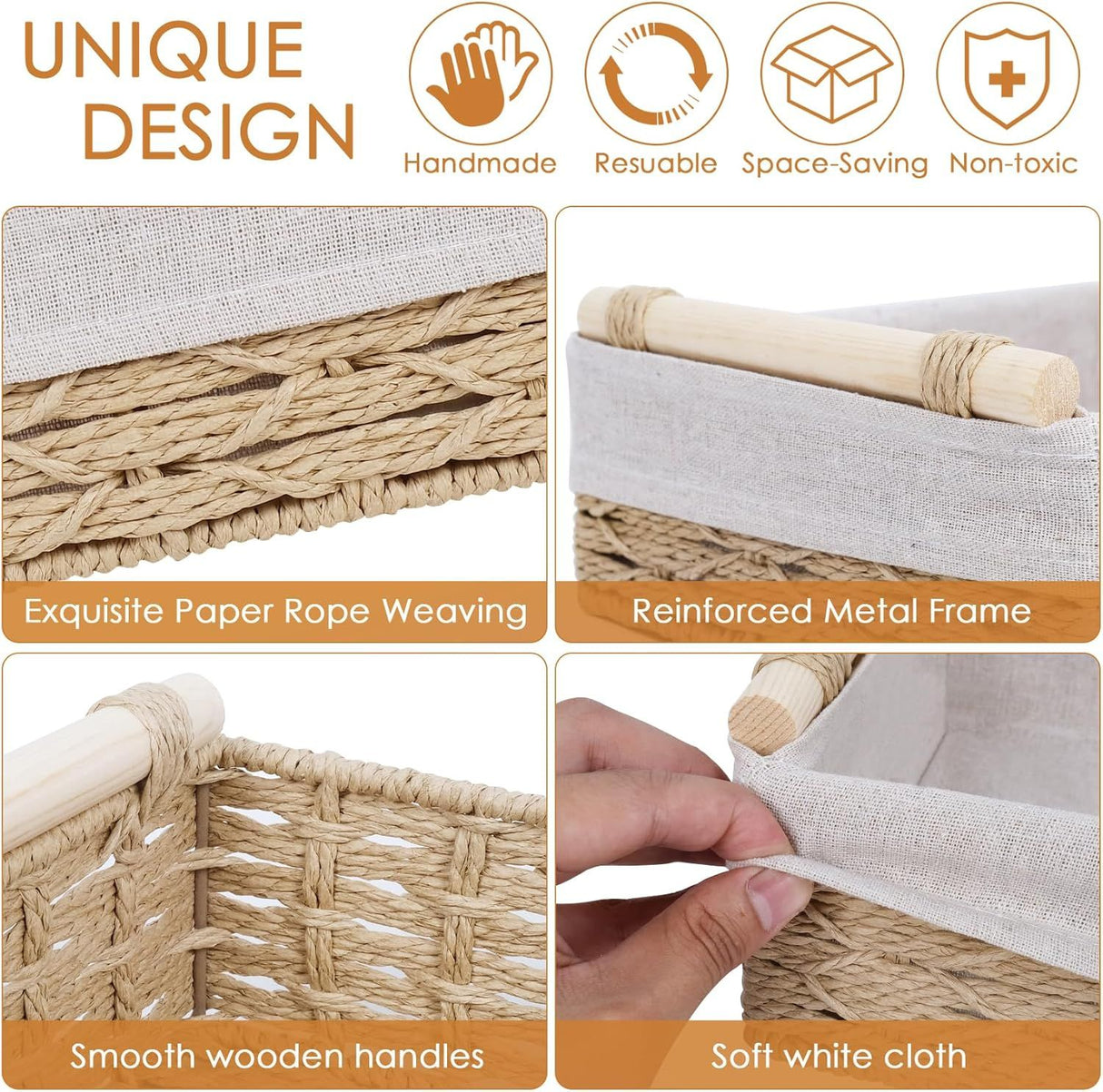 Paper Rope Decorative Toilet Paper Baskets & Bathroom Organizer for Toilet Tank Top, Shelves, Bedroom, Countertop,Home,Office Storage Bins, 2 Pack,Beige
