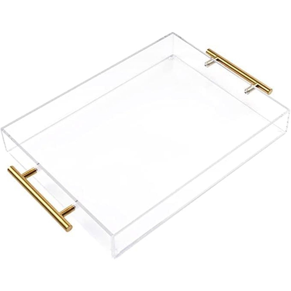 Clear Acrylic Serving Tray with Golden Handles, Sturdy Huge Capacity Acrylic Tray for Coffee, Juice, Kitchen and Desk Organizer, Storage Tray (Golden handle small size)