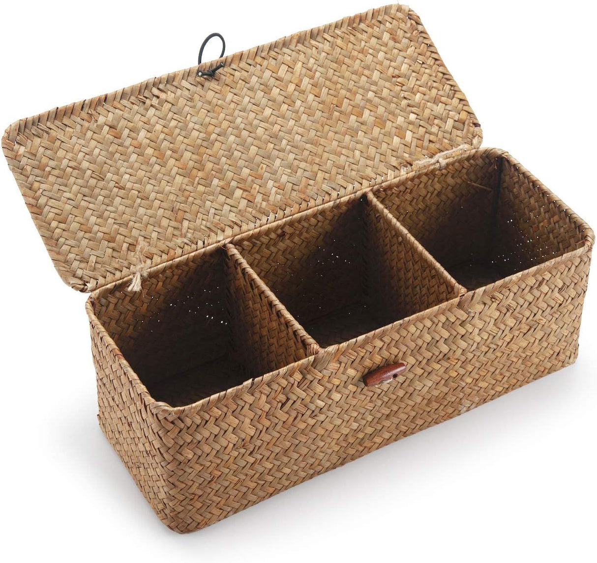 Seagrass Storage Basket with Lid Rectangular Small Woven Shelf Baskets with Sections for Organize Snack Toys Tampon(27*10*10.3cm)