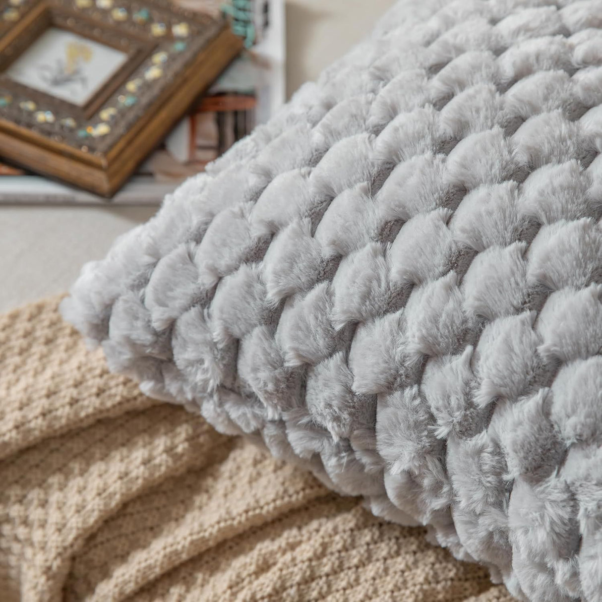 Pack of 2 Super Soft Cozy Decorative Throw Pillow Covers Fuzzy PlushCushion Cover Pillowcase for Sofa Couch Bed Livingroom 18x18 Inch Grey
