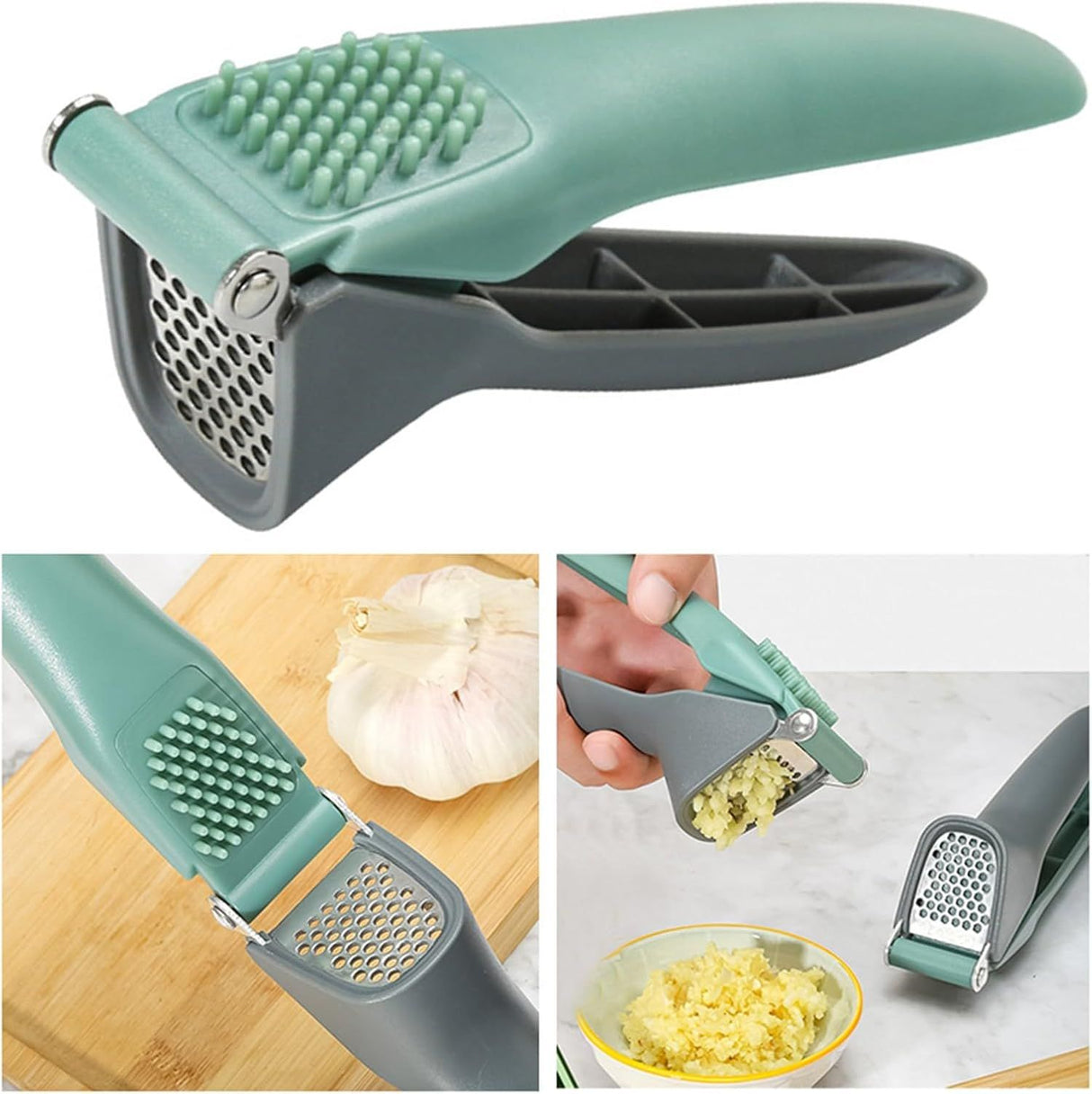 Garlic Press, Garlic Mincer Tool with Sturdy Design Extracts More Garlic Paste, Stainless Steel Mincer Crusher Chopper & Peeler Set Rust Proof Anti-Corrosion Green & Grey