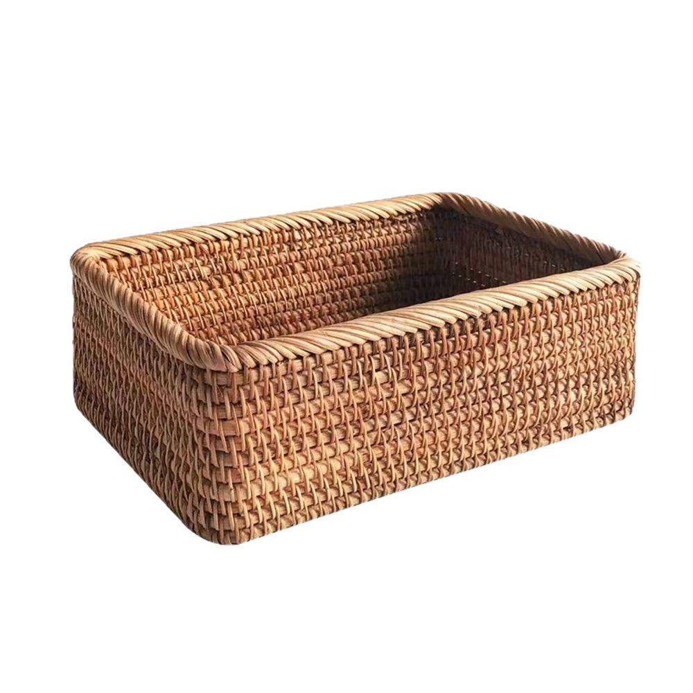 Rattan Storage Baskets Rectangle Woven Bread Basket Rectangular Wicker Serving Organizer Tray Rattan Fruit Basket, Stackable Wicker Organizer(20*14*7cm)