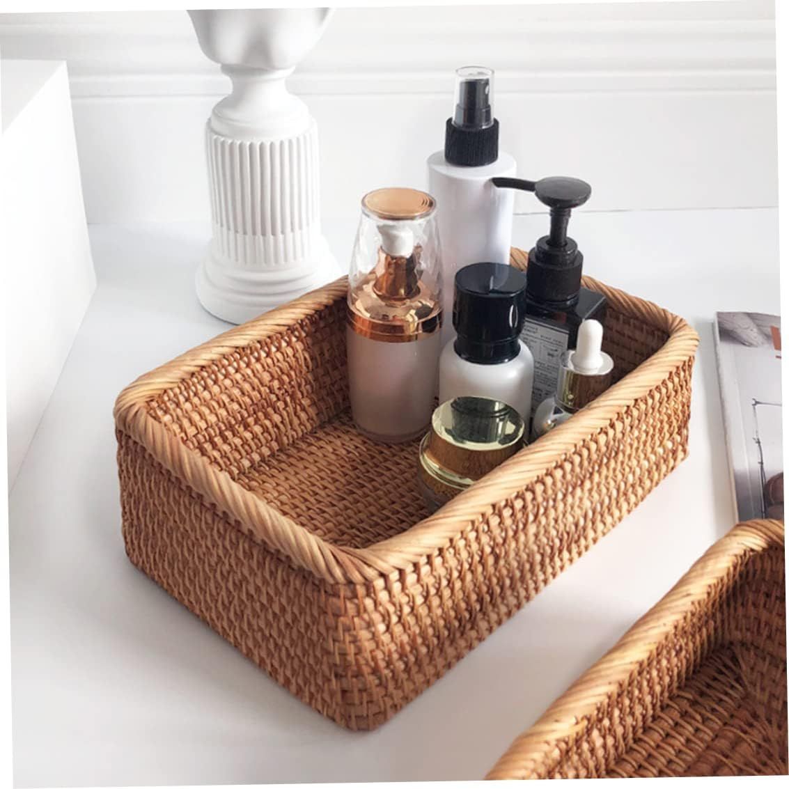 Rattan Storage Baskets Rectangle Woven Bread Basket Rectangular Wicker Serving Organizer Tray Rattan Fruit Basket, Stackable Wicker Organizer(20*14*7cm)