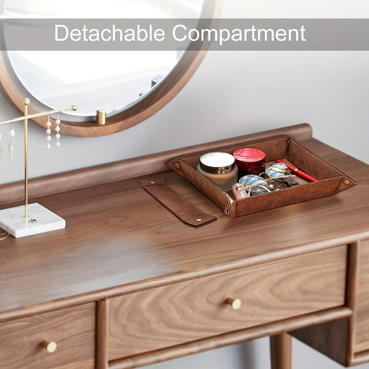 Tray desktop storage rack, detachable 2 compartments tray bedside dressing table bedside table desktop storage board, brown