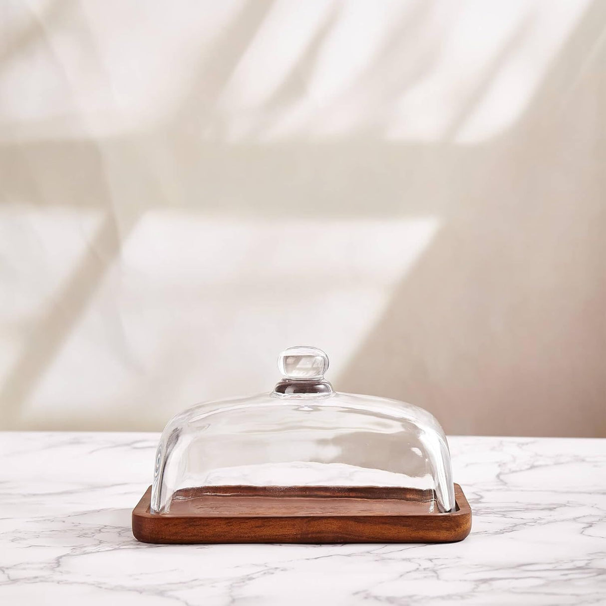 Glass Butter Dish with Lid, Clear Domed Cheese Dish with Handle, Large Butter Keeper Saver with Cover for Table, Kitchen Countertop, Refrigerator(Acacia wood+lid)