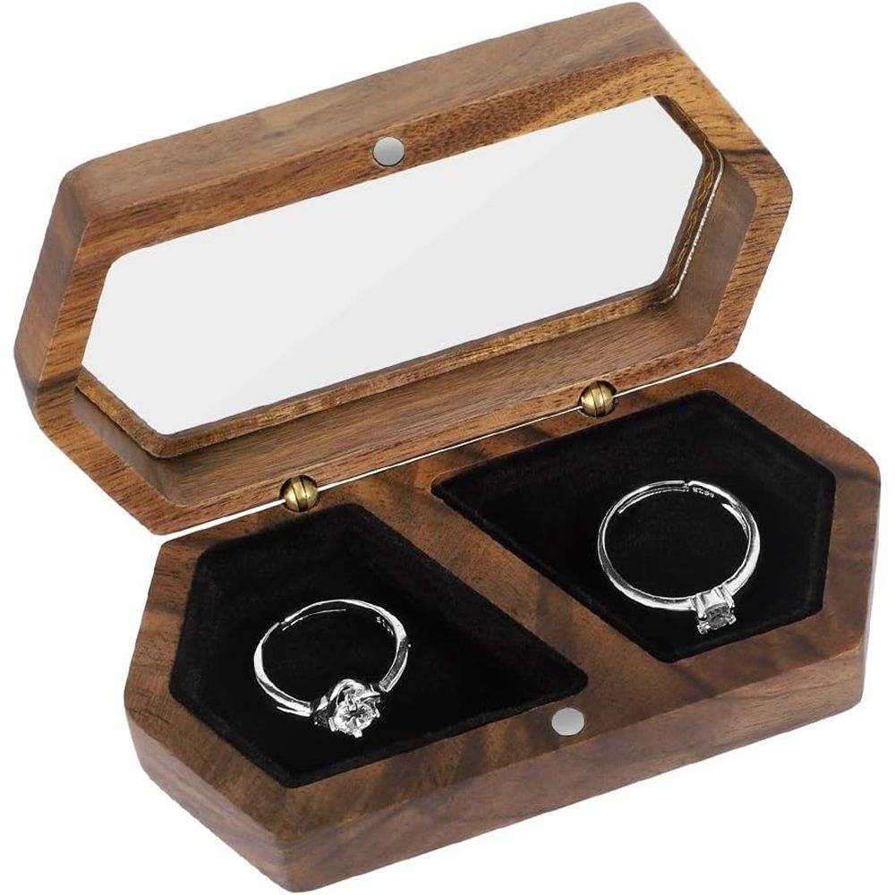 Wooden Ring Box Transparent Lid Couple Rings Box for Engagement Wedding Box Two Slots Small Jewelry Box for Stud Earrings Bracelet Necklace(black)