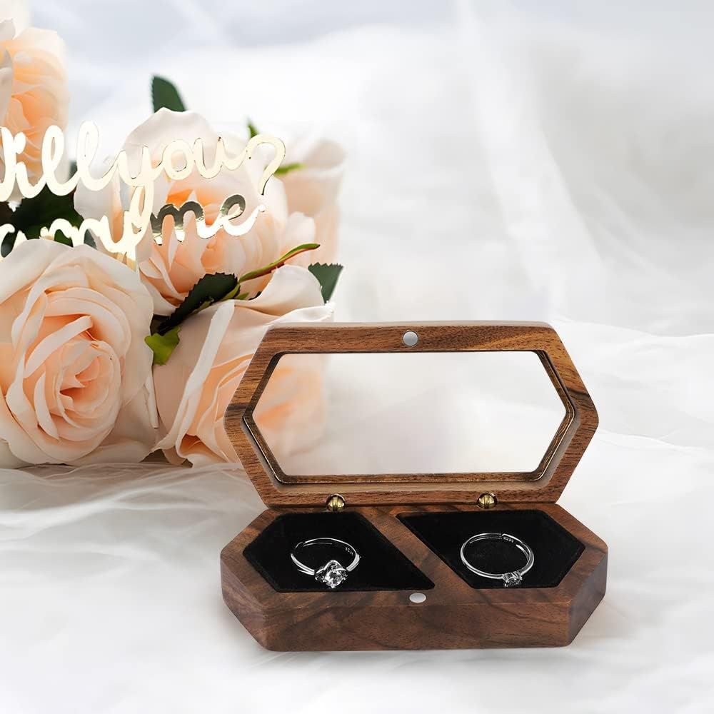 Wooden Ring Box Transparent Lid Couple Rings Box for Engagement Wedding Box Two Slots Small Jewelry Box for Stud Earrings Bracelet Necklace(black)