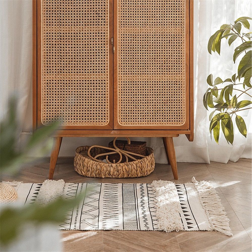 Bohemian Rugs- Cotton Braided Black and White Rug Decorative Hand Woven Front Porch Doormat with Tassel(Black and white tassel)