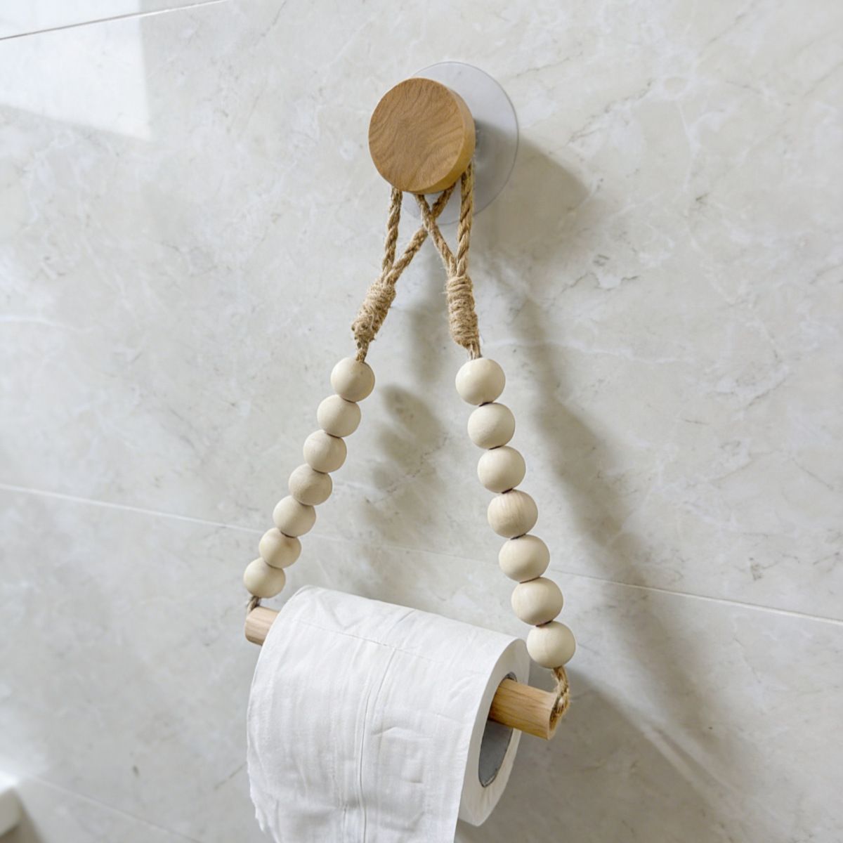 Rope Toilet Paper Holder, Wood Bead Hemp Rope Towel Holder, 2 Pcs Wall Mount Boho Toilet Tissue Holder No-Drill Bathroom Towel Holder
