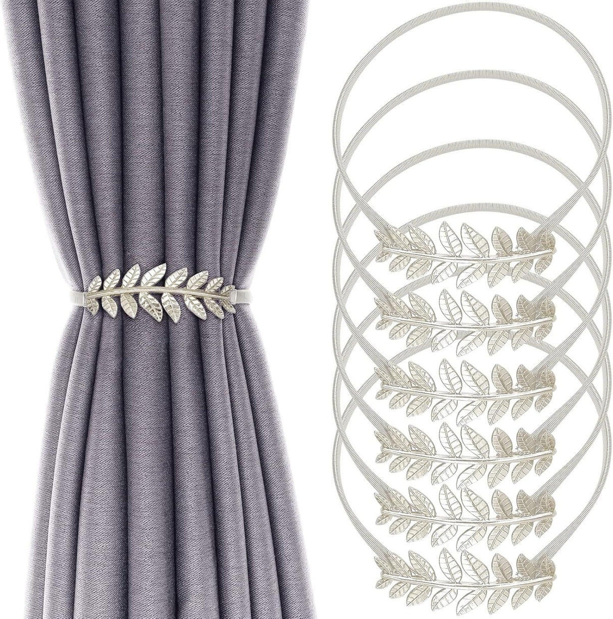6Pack Curtain Tiebacks Spring Design Curtain Holdback Leaf Carving Design Curtain Ties for Drapes Curtain Ties Backs Curtain Modern Style Curtain Holdback Decor(Sliver Leaf)