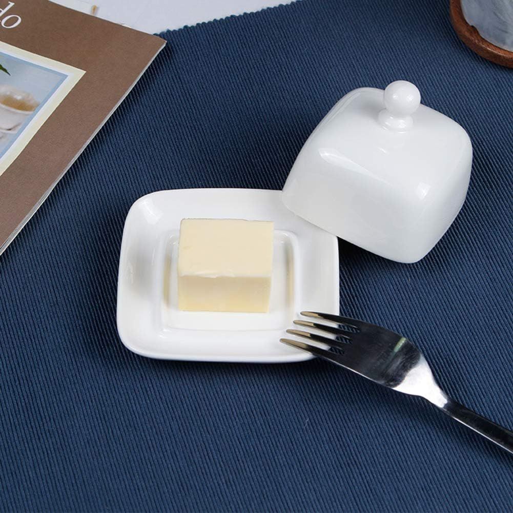 Rectangle Butter Dish with Lid, White Domed Cheese Dish with Handle Individual Serving Mini Butter Tray, Cute Ceramic Dessert Serving Bowl for Table, Countertop, Refrigerator