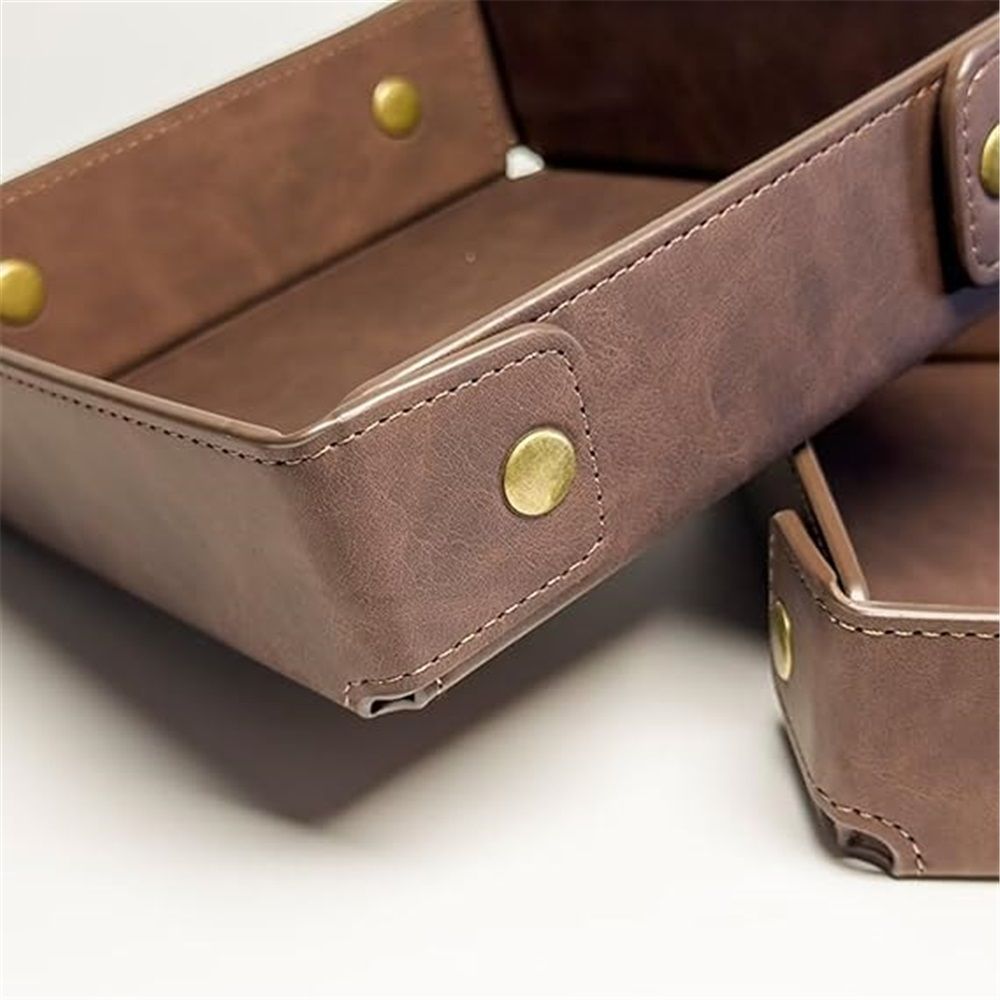 PU Leather Valet Tray Nightstand Desk Organizer for Men Women Home Office Phone Watch Jewelry Glasses Keys Coins Storage(Light brown large size)