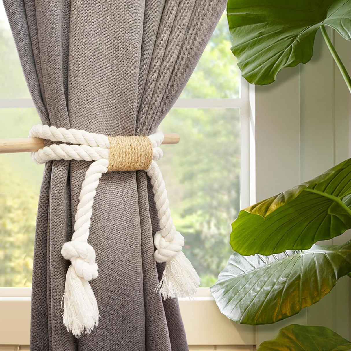 Curtain Tiebacks Rustic Holdbacks for Drapes, Farmhouse Tie Backs for Curtains, Cotton Jute Rope with Wood Club, Natural Boho Decor Shabby Chic Drapery Holder, -2Pack