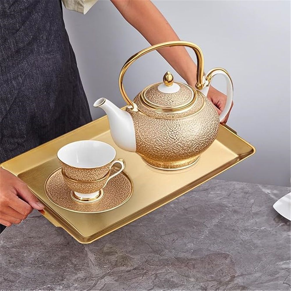 Stainless Steel Heavy-Duty Lerving Trays, Gold Rectangular Plates for Food, Fruit, Party, Wedding, Christmas, Chip and Scratch Resistant(32*16cm)