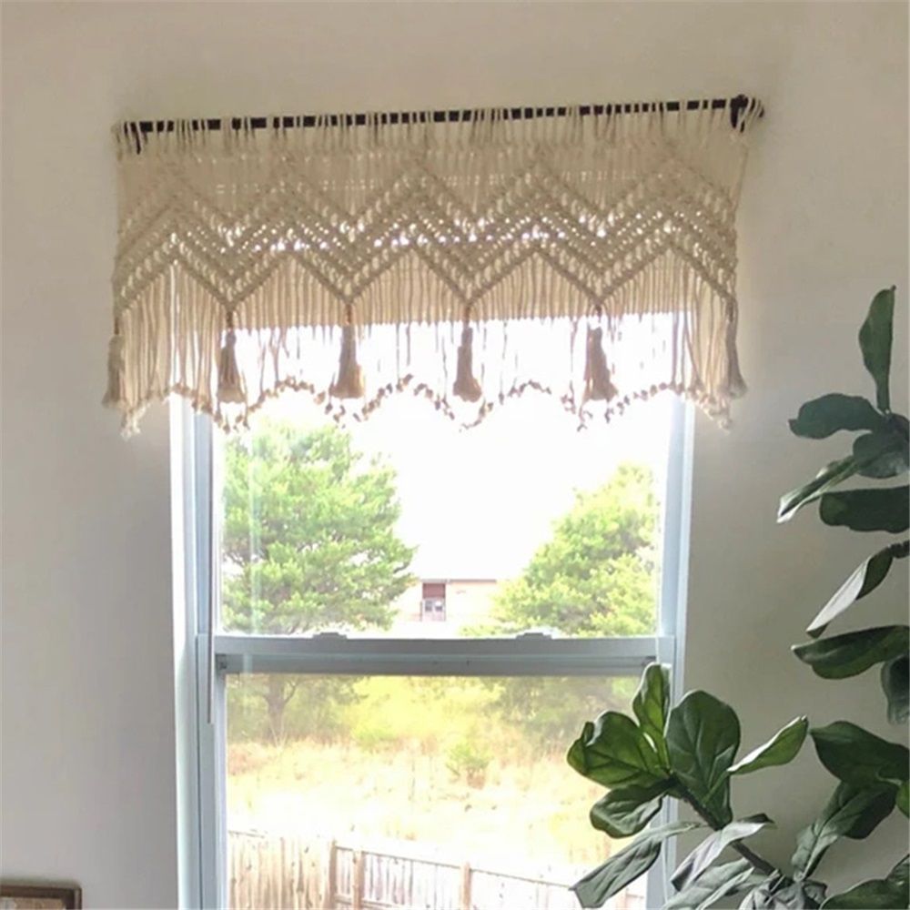 Kitchen Curtains 120*55cm Farmhouse Boho Curtains with Tassels for Bedroom, Livingroom, Bathroom Windows(Without wooden sticks)
