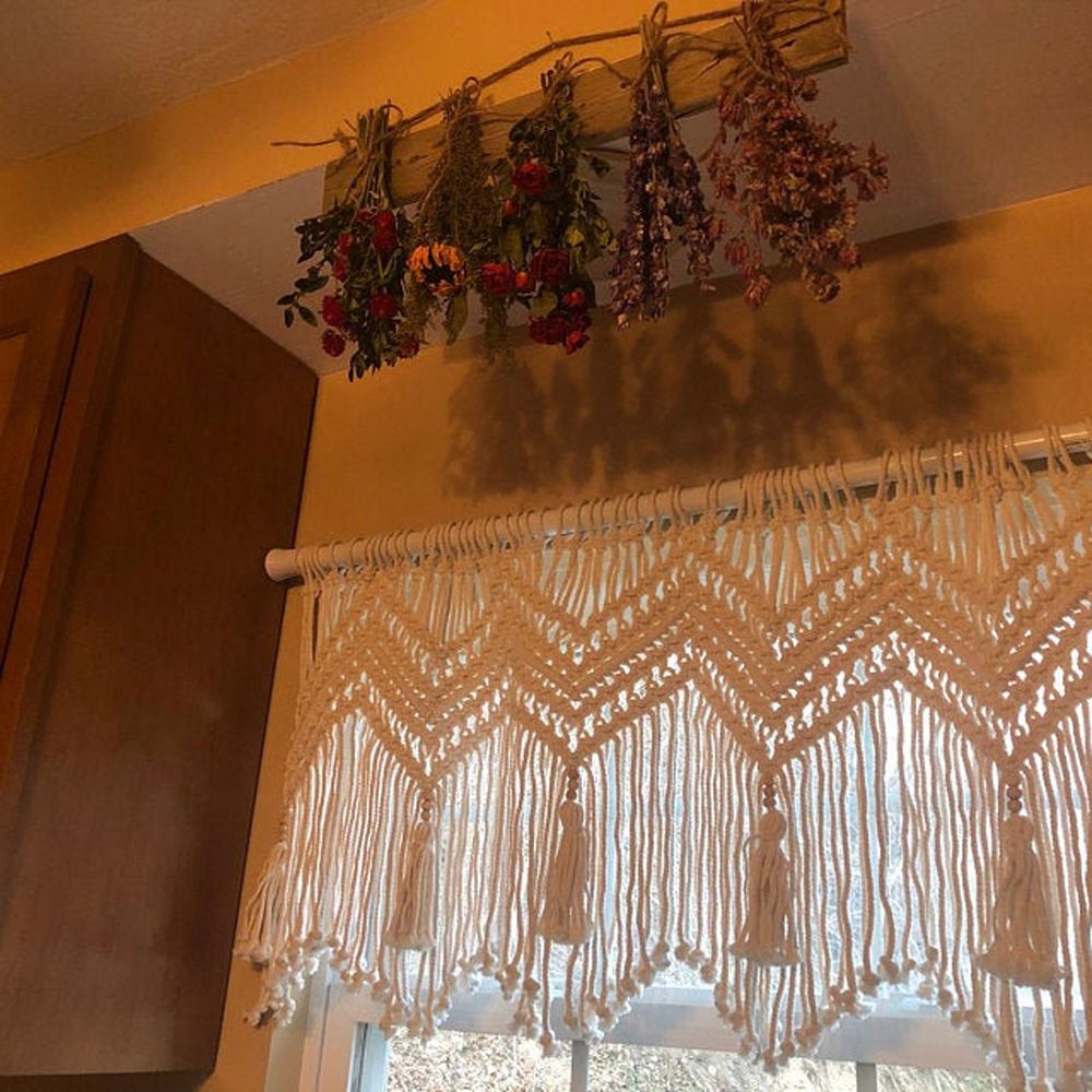 Kitchen Curtains 120*55cm Farmhouse Boho Curtains with Tassels for Bedroom, Livingroom, Bathroom Windows(Without wooden sticks)