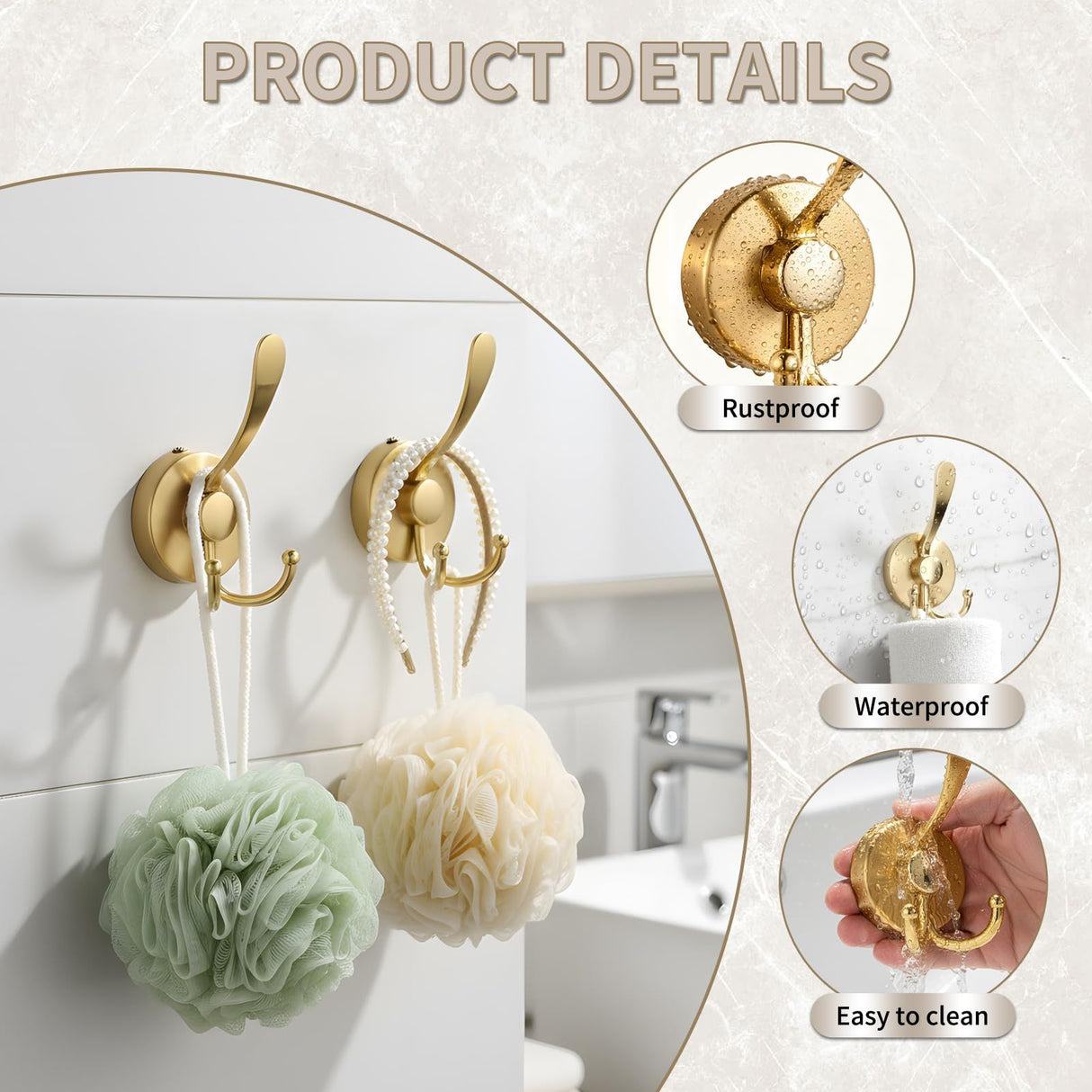 2pcs Cup Hooks for Shower,Bathroom - Heavy Duty, Removable,Waterproof, No Drill Holds Towels, Robes, Wreath on Glass, Tile, Mirror, Door(Golden)double-headed