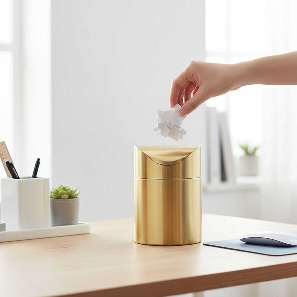 Stainless Steel Trash Can with Swing Lid, Mini Countertop Trash Bin Bathroom, Golden Desktop Garbage Cans Tiny Kitchen Waste Bins with Trash Bag