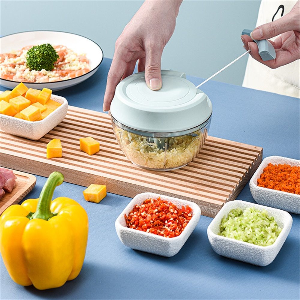 Manual Food Processor Vegetable Chopper, Portable Hand Pull String Garlic Mincer Onion Cutter for Veggies, Ginger, Fruits, Nuts, Herbs, etc., Blue
