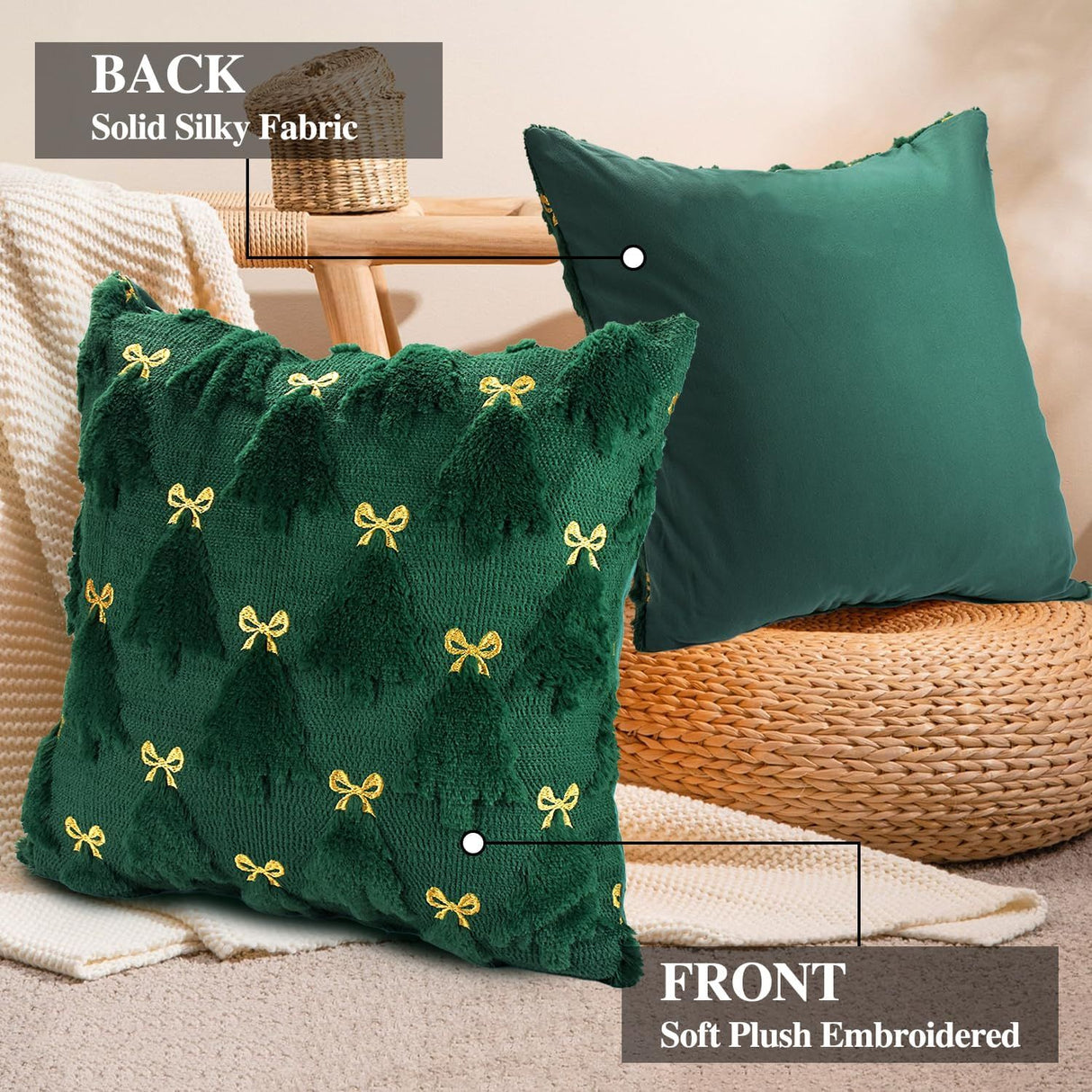 Christmas Pillow Covers 18 x 18 inch Set of 2, Dark Green Christmas Tree Throw Pillows Decorations for Home Decor Winter Holiday Xmas Party Bedroom Sofa