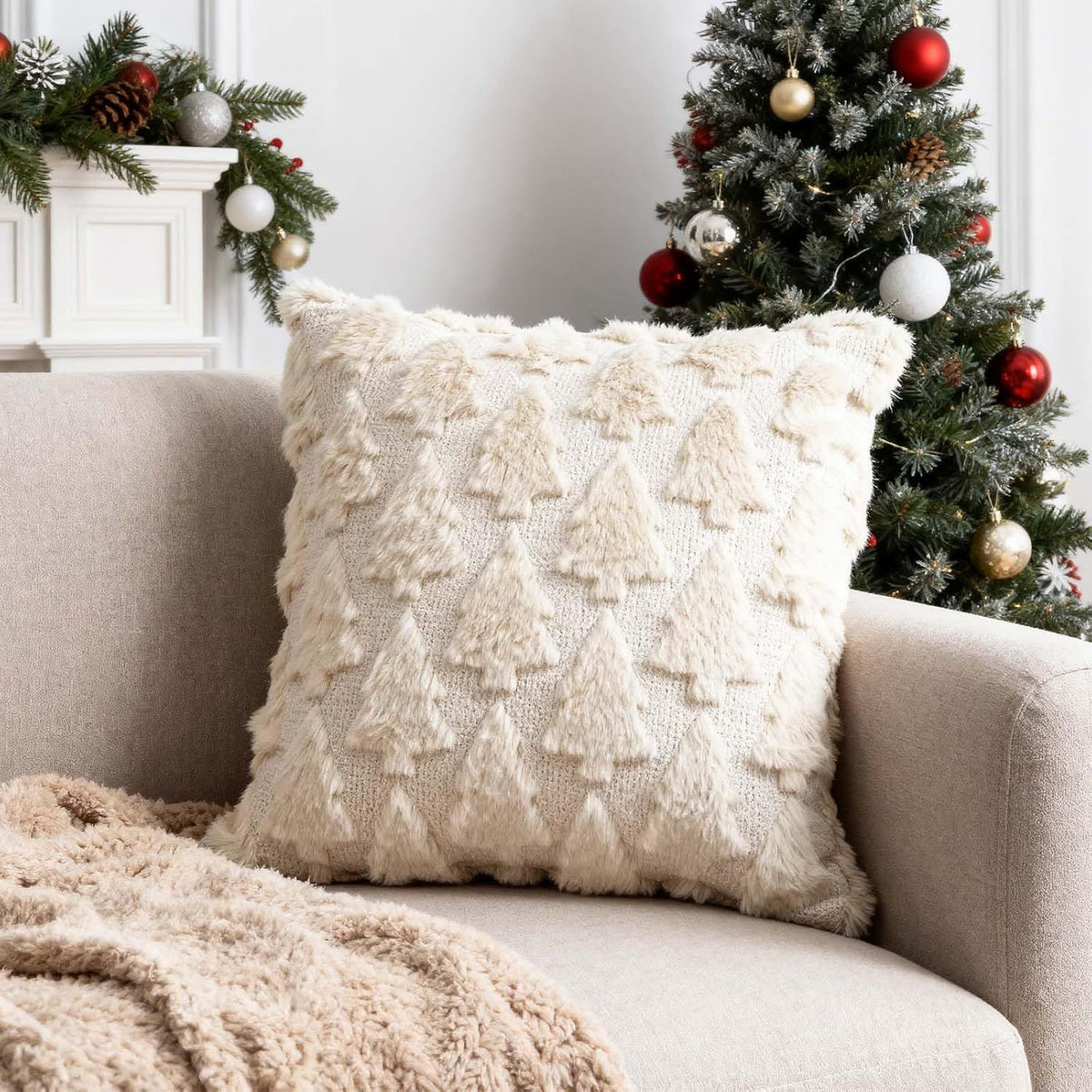 Christmas Decorations -Christmas Pillow Covers 18 x 18 Inches Set of 2,Soft Plush Faux Fur Wool Beige Xmas Tree Throw Pillow Cases Winter Holiday Decor for Sofa Living Room