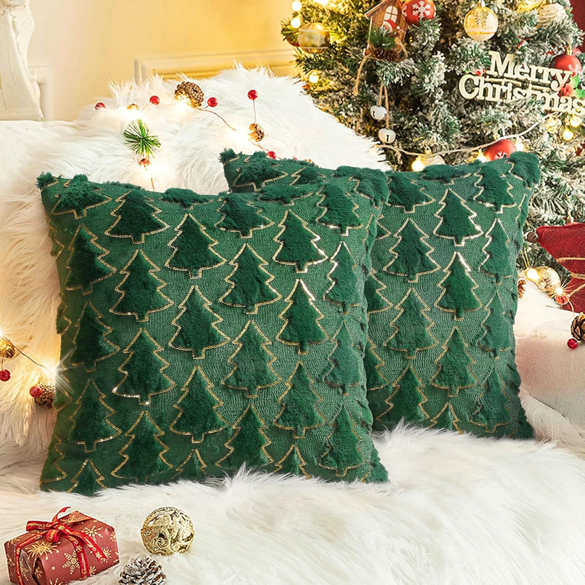 Christmas Throw Pillow Covers 18 x 18 Inch Set of 2, Green Christmas Tree with Gold Sequins, Winter Holiday Faux Fur Pillowcases Decor for Home Couch Sofa