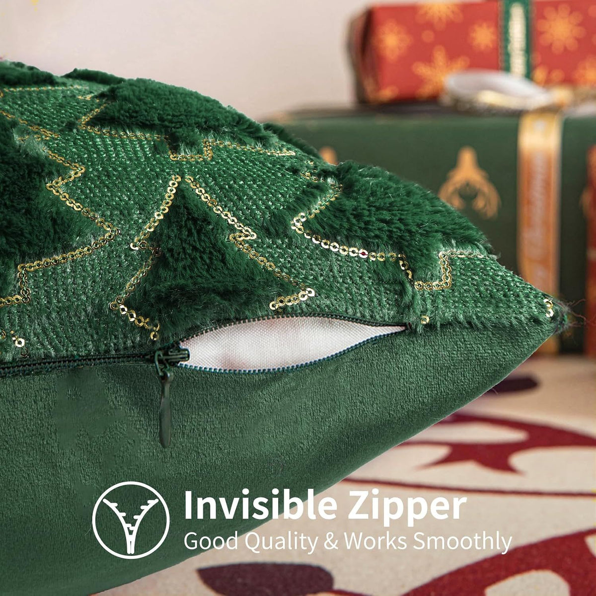 Christmas Throw Pillow Covers 18 x 18 Inch Set of 2, Green Christmas Tree with Gold Sequins, Winter Holiday Faux Fur Pillowcases Decor for Home Couch Sofa