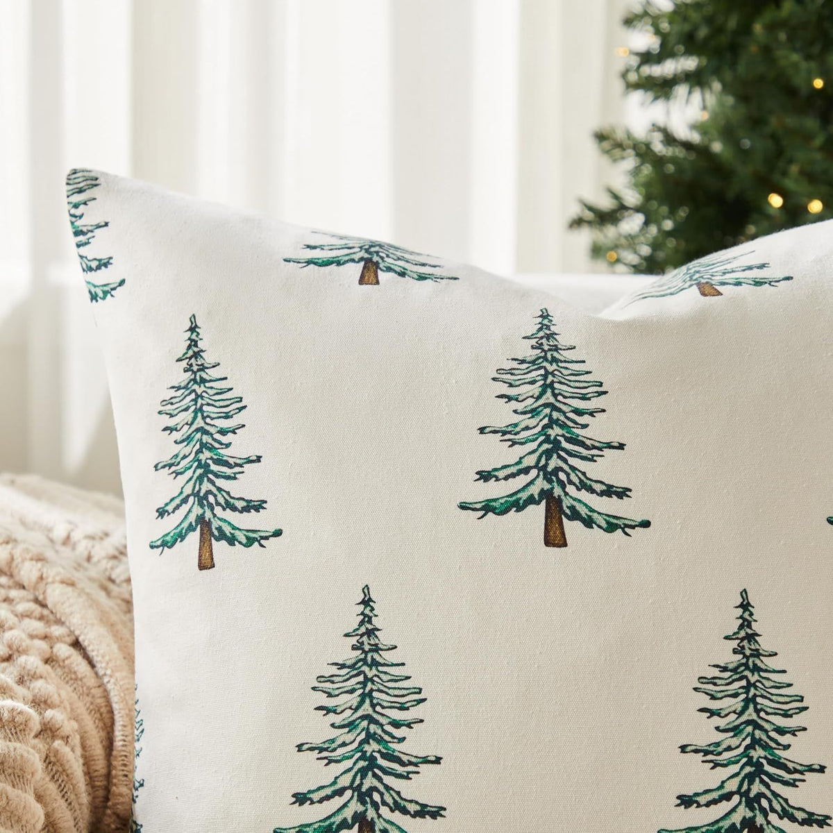 100% Cotton Christmas Pillow Covers Set of 2, 18x18 Inch Christmas Green, Winter Tree Print Decorative Xmas Throw Pillow Covers Cushion Case Winter Home Decor for Sofa Bed Living Room