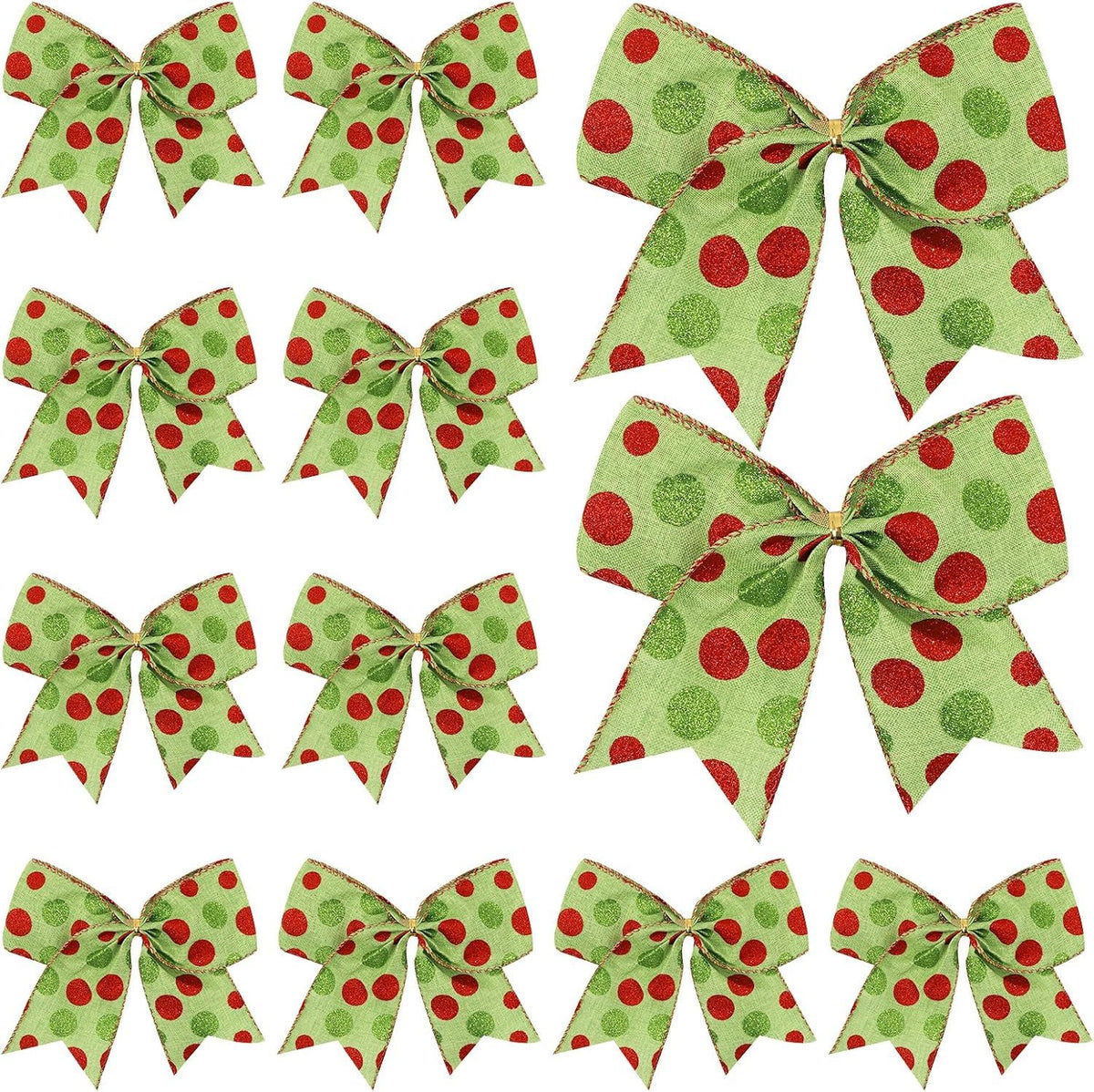 12pcs Christmas Bows Ornaments 6.3 Inch Large Christmas Wreath Bows Red Green Xmas Tree Bow Glitter Dot Bows Ribbons Decoration for Garland Wedding Home Holiday Party