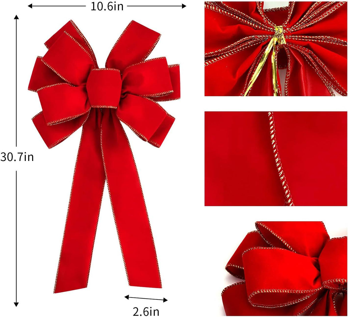 6 PCS Large Christmas Bow - 30.7" x 10.6" Christmas Valentine's Day Golden Edged Red Velvet Wreath Bow Christmas Tree Topper Ornament Bow for Christmas Home Wreath Tree Decoration