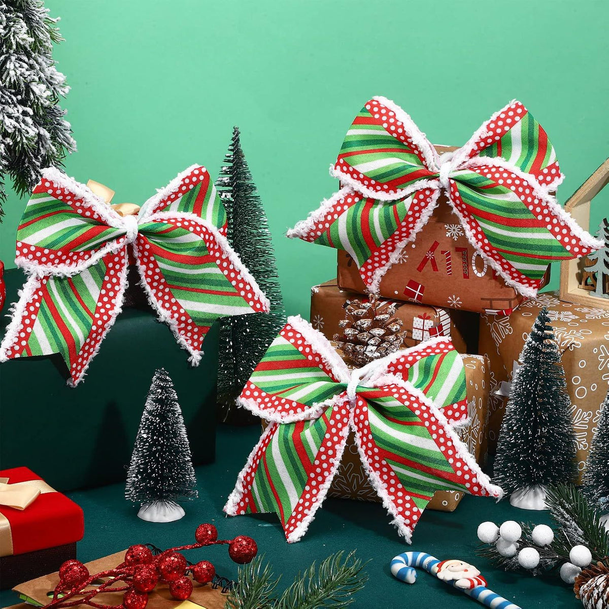12 Pcs Red Green Christmas Bows Decoration 6 Inch Large Christmas Wreaths Bows Xmas Tree Dot Ribbons Ornaments for Garland Wedding Party(Red and Green,Stripe Pattern)