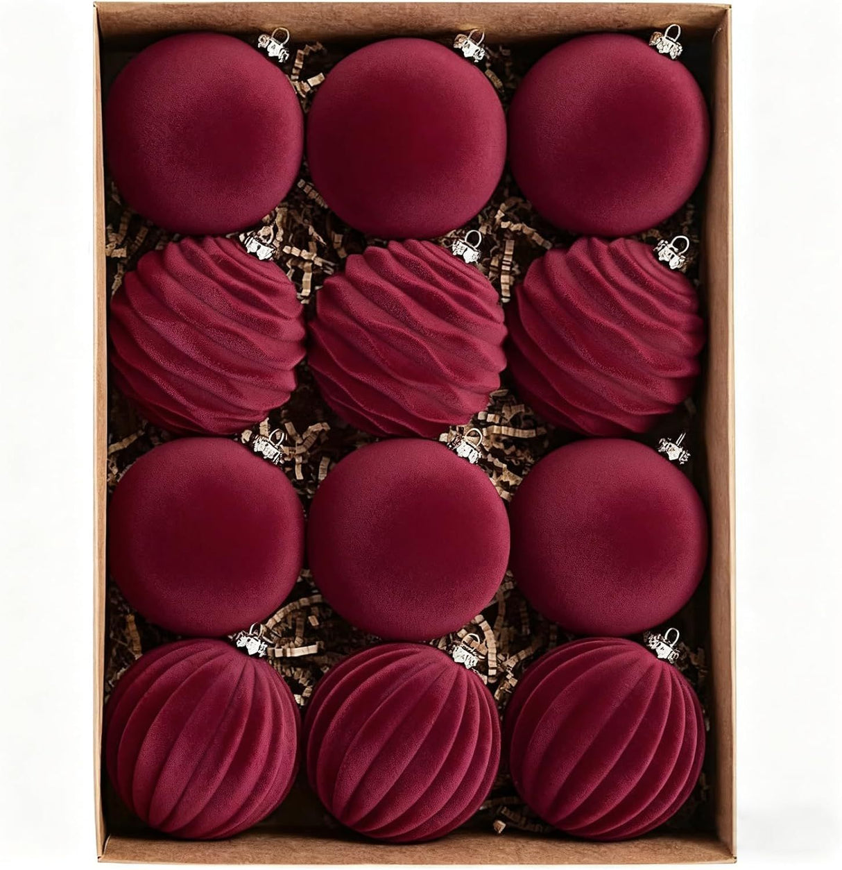12Pcs Velvet Christmas Tree Ornaments, 2.4'' Burgundy Christmas Ornaments Set, Flocked Shatterproof Xmas Tree Balls Hanging Decorations Set for Holiday Party Home Decor
