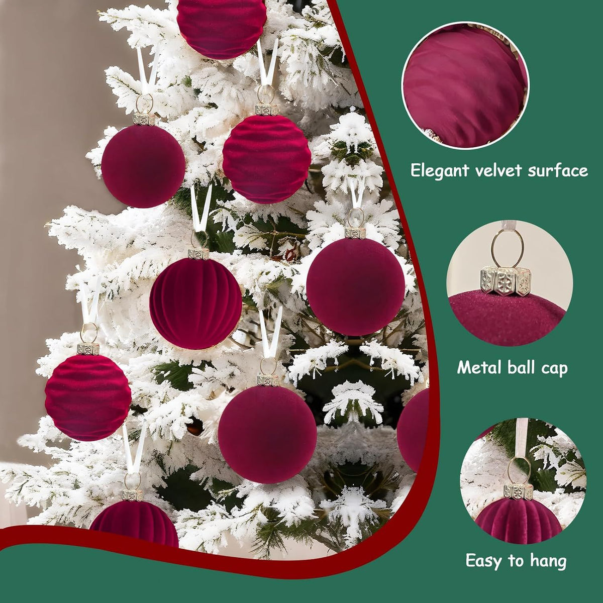 12Pcs Velvet Christmas Tree Ornaments, 2.4'' Burgundy Christmas Ornaments Set, Flocked Shatterproof Xmas Tree Balls Hanging Decorations Set for Holiday Party Home Decor