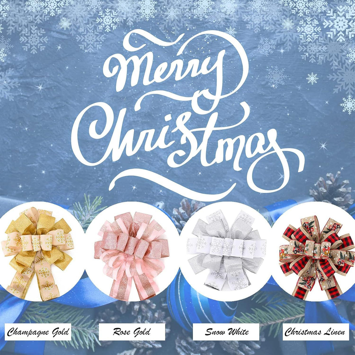 Christmas Tree Topper, 40x13 Inches Toppers Bow with Glitter Satin Mesh Streamer and Patterned Ribbon, Christmas Tree Topper Bow for Christmas Home Decoration (White)