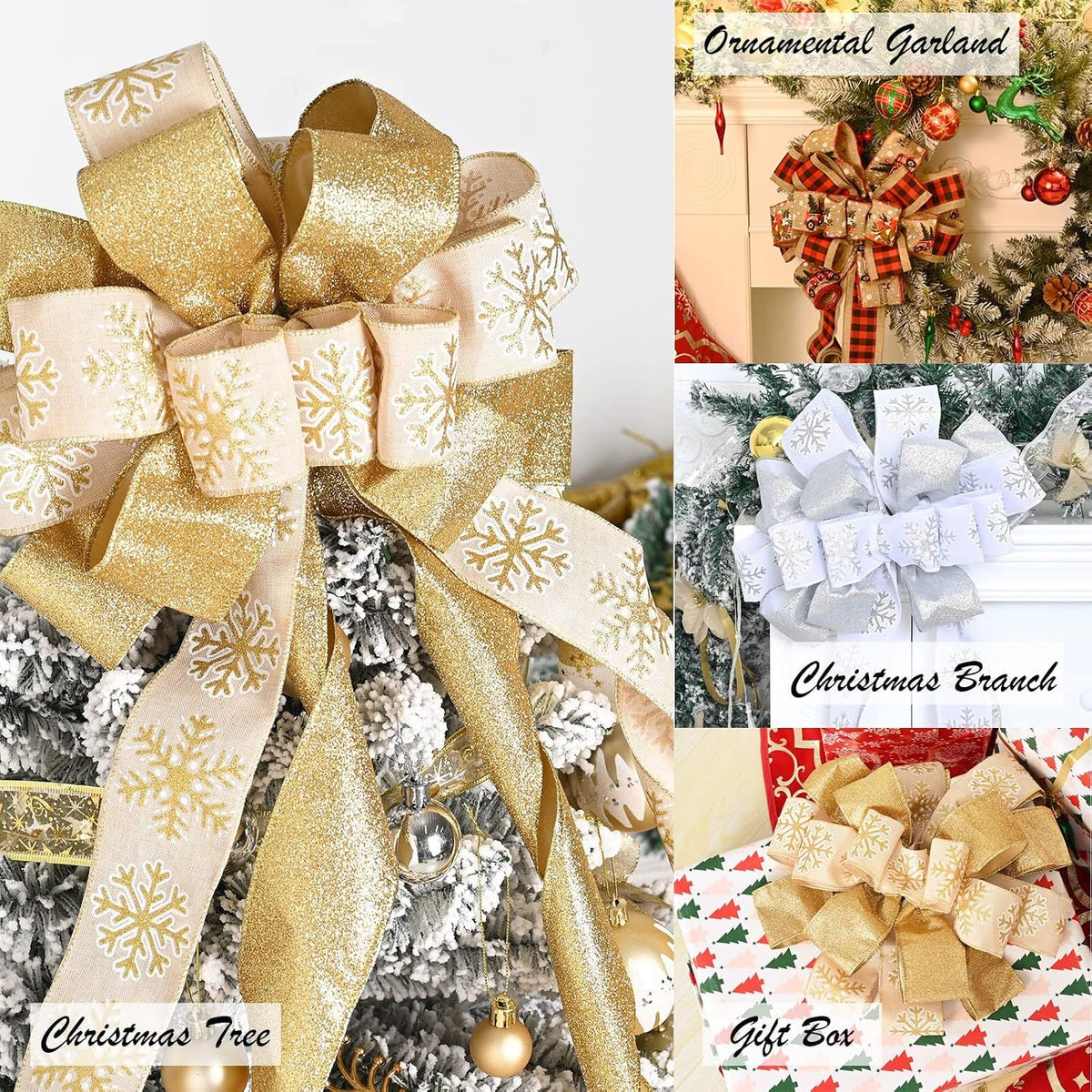 Christmas Tree Topper, 40x13 Inches Toppers Bow with Glitter Satin Mesh Streamer and Patterned Ribbon, Christmas Tree Topper Bow for Christmas Home Decoration (White)
